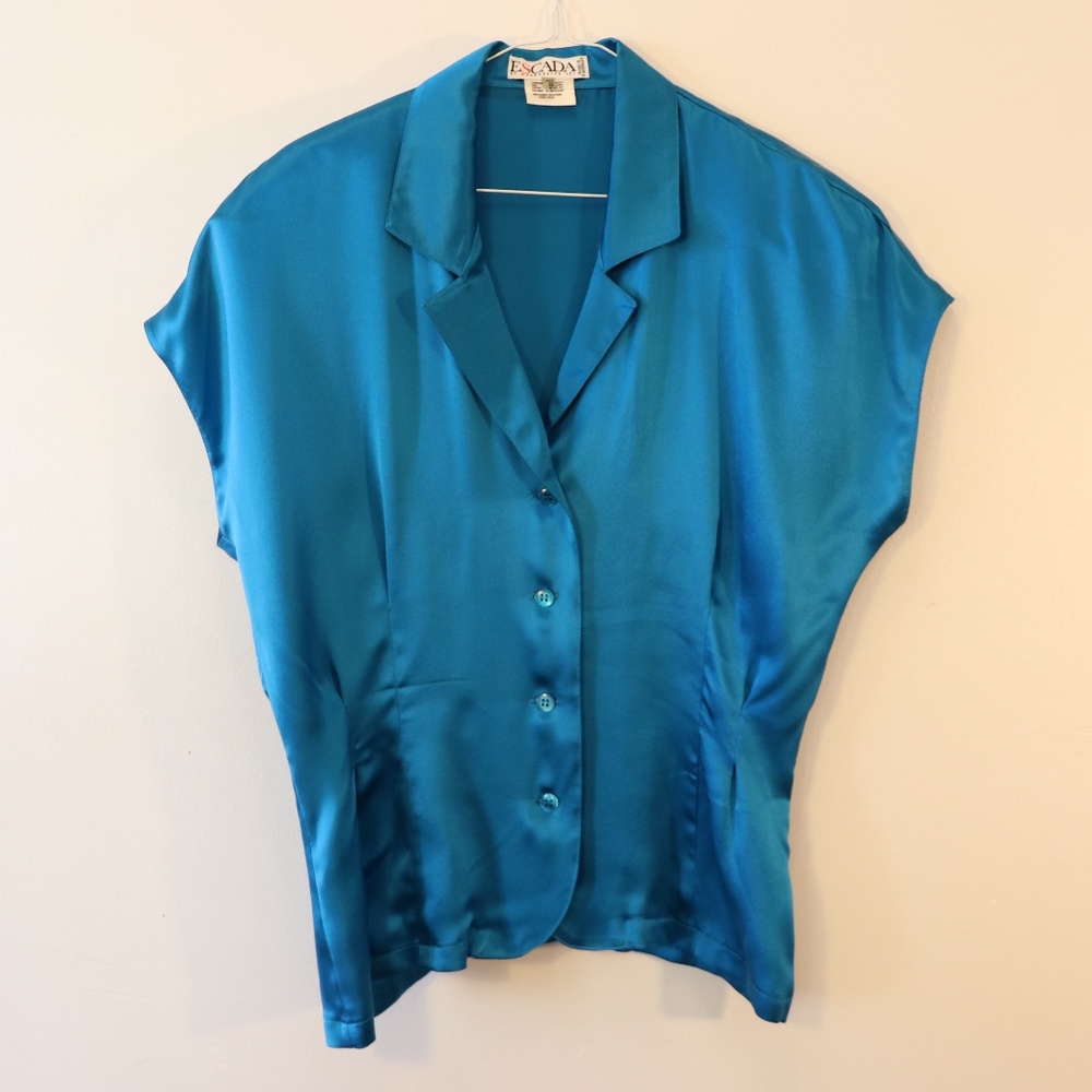 Escada Blue Silk Blouse Top Short Sleeved Sz 40